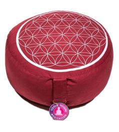 Cojín Zafu de Meditación Flor de La Vida Rojo Plata Algodón Orgánico 33x17cm