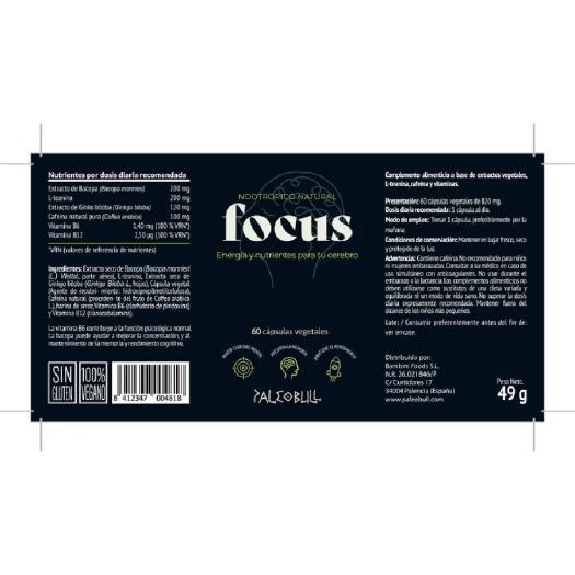 Focus con Cafeína natural, Bacopa y L-teanina Paleobull 60 cápsulas