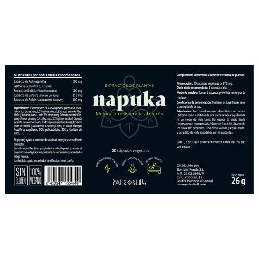 Napuka con Ashwagandha, Rodiola y Ginseng Paleobull 30 cápsulas