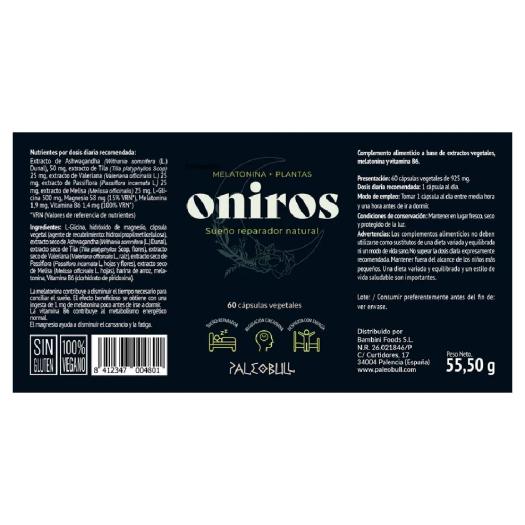Oniros con Melatonina, Ashwagandha y Valeriana Paleobull 60 cápsulas
