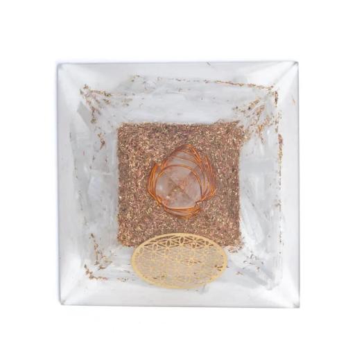 Pirámide de Orgonita Selenita Flor de la Vida 7x7x6cm