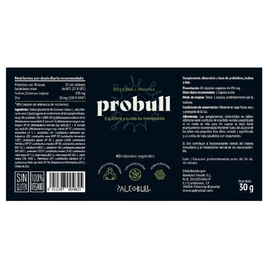 Probull con Probiótico de 30 cepas, Inulina y Zinc Paleobull 60 cápsulas