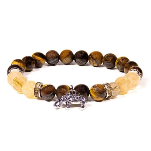 Pulsera de Ojo de Tigre y Cuarzo Rutilado con Elefante 8mm