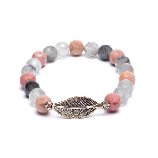 Pulsera Mala de Rodonita y Cuarzo Gris con Pluma 8mm