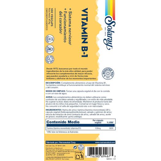 Vitamina B1 100 Mg Solaray 100 VegCaps